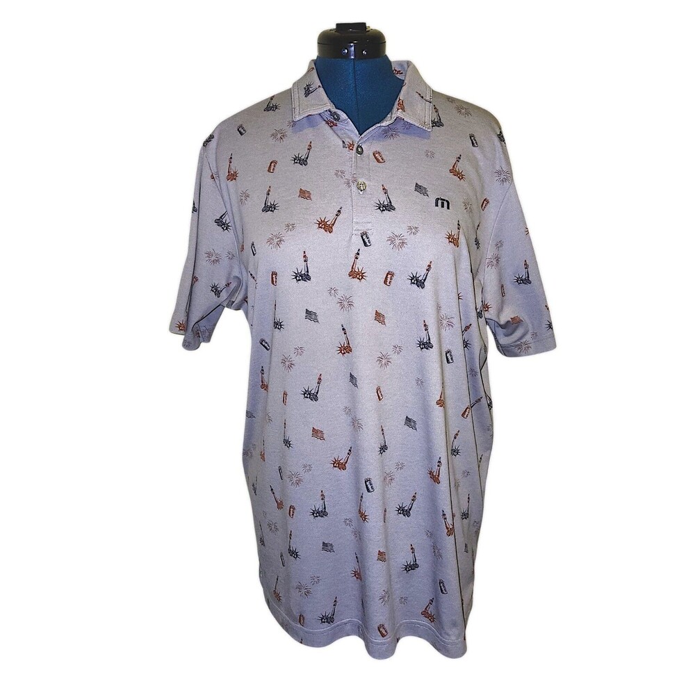 Travis Mathew Mens XL Active Polo Golf Shirt Statue of Liberty Fireworks Gray